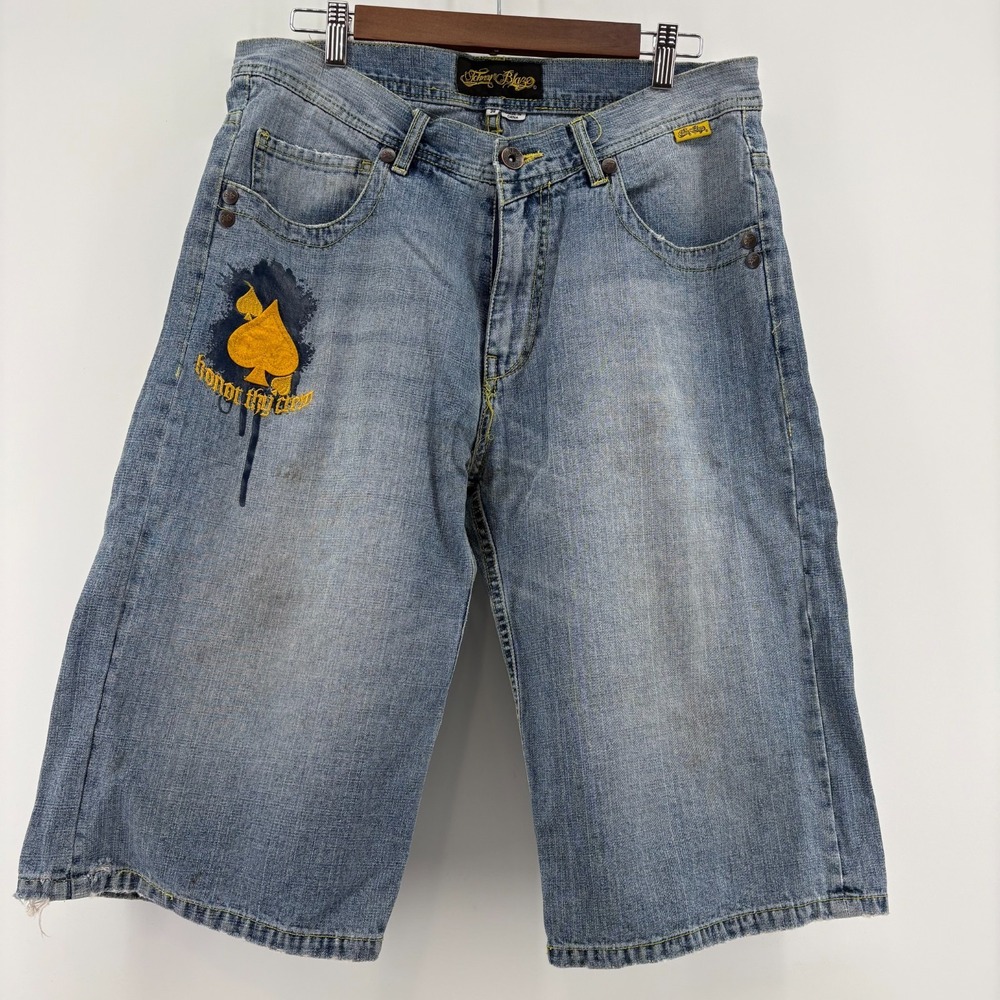 Johnny Blaze Shorts Mens 36 Blue Denim Embroidered Black Spades Vintage Hip Hop